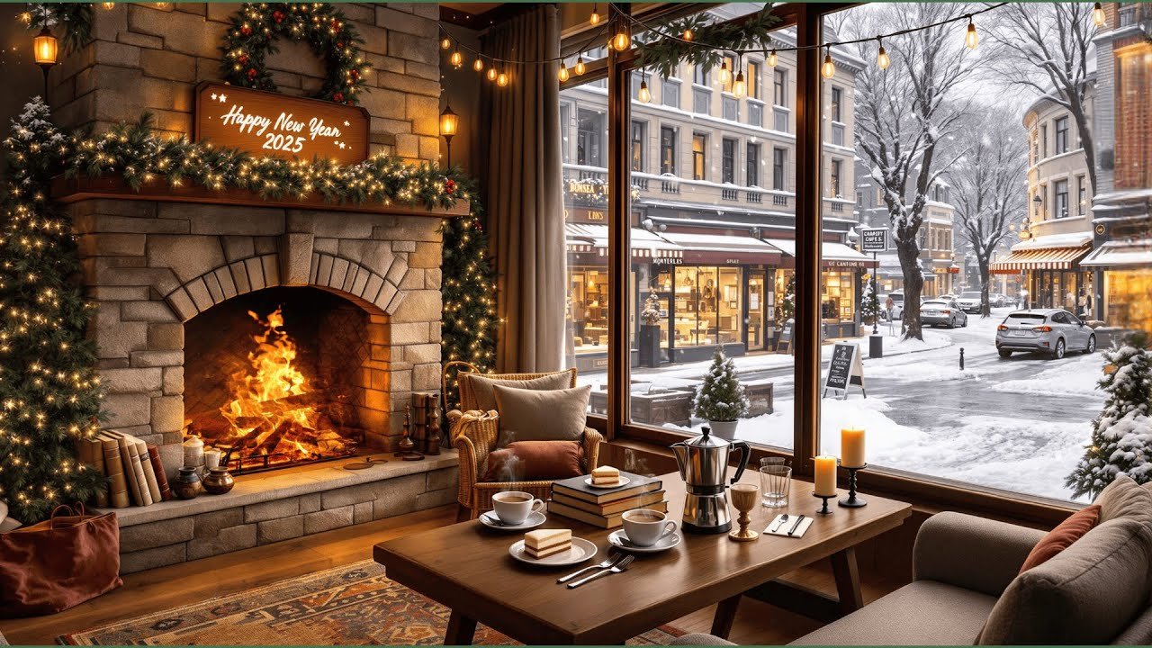 New Year's Ambience 🥳🎊 Cozy Winter Coffee Shop with Relaxing Jazz Music & Fireplace for Study, Relax
