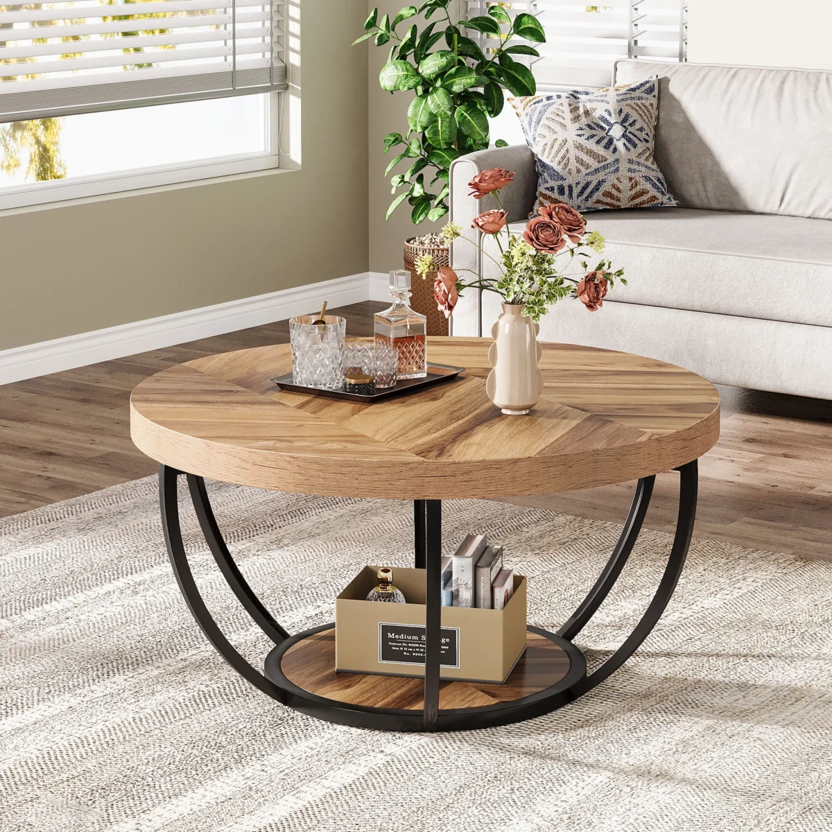 Tribesigns 31.7″ Round Coffee Table, Industrial 2-Tier Circle Coffee Table with Storage Shelves, Modern Wooden Accent Center Tab